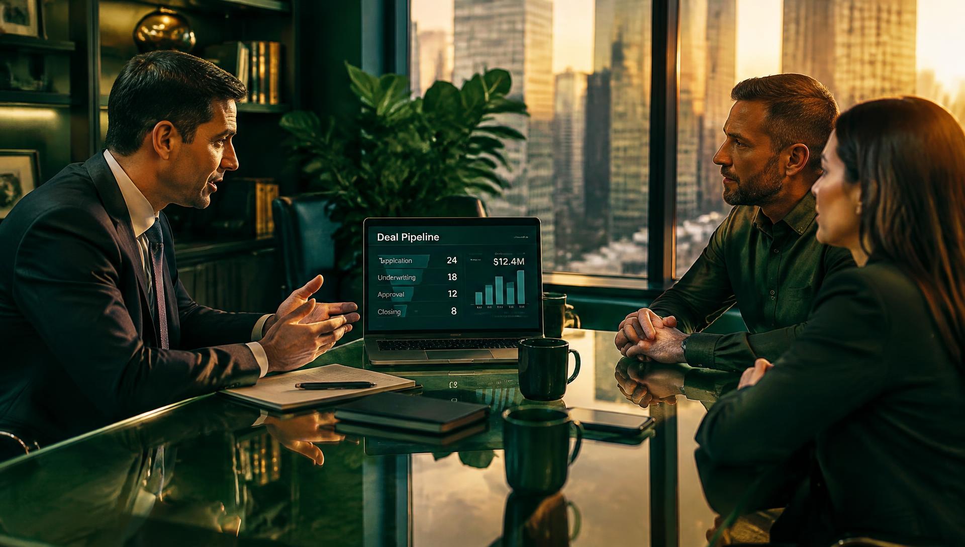 Commercial broker reviewing a deal pipeline with borrowers